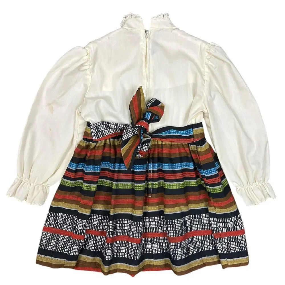 Vintage 70's Girl's Dress Smocked High Neck Serape Stripe Long Sleeve Floral